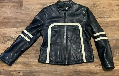 Wilsons Leather Black Leather Racing Jacket White Stripes Medium Retro Nostalgic • $150