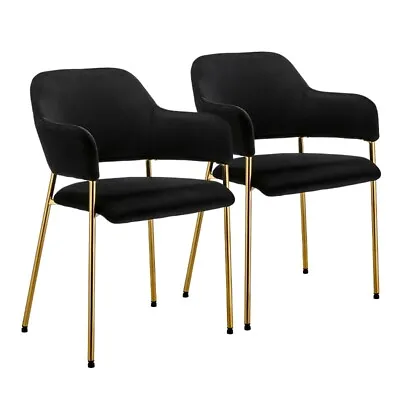 Set Of 2 Velvet Dining Chairs Golden Leg Armchairs Kitchen Restaurant Cafe Black • £119.99