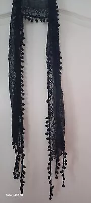 Beautiful Long & Narrow Black Lace-effect Scarf With Pom Pom Edging • £4.70