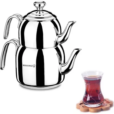 Korkmaz Droppa Turkish Teapot Set Double Cover Tea Maker Set Stainless Steel • £77.20