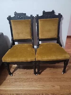 Gold Velvet Accent Chairs Set Antique Victorian Carved Ebony (2) • $399