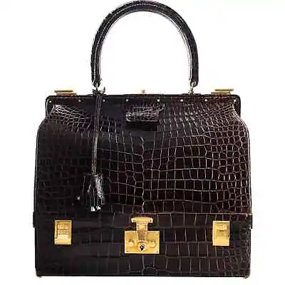 Hermes Crocodile Doctor's Bag Sac Mallette Marron Fonce Shiny Porosus Vintage • $1