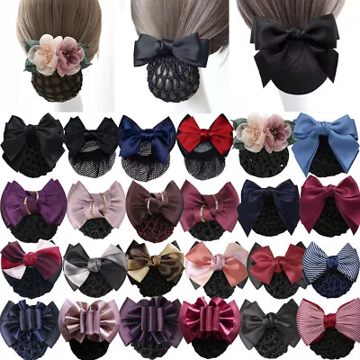 Womens Hair Clip With Net Bun Cover Bow Barrette Snood Hairnet Hair Accessories. • £3.77