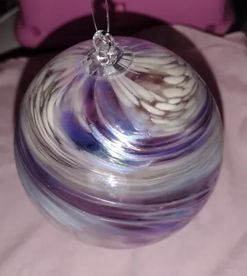 Vintage Large Hand Blown Glass Ball Ornament Swirled Purple White Blue • $19.95