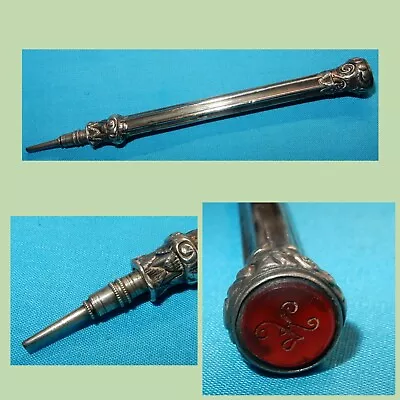 ANTIQUE VICTORIAN 19th CENTURY PROPELLING PENCIL SILVER + AGATE INTAGLIO SEAL • £11