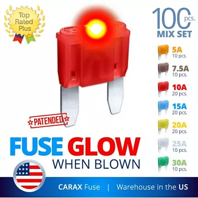 CARAX Glow Fuse Smart MINI Blade 100 Pcs Assortment Kit Glow When Blown LED Auto • $62.16