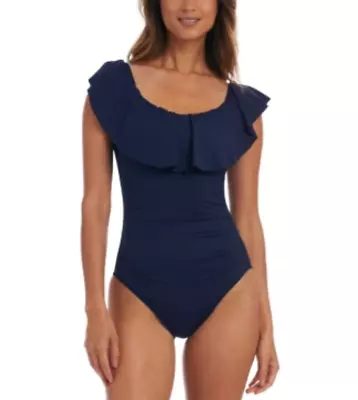 La Blanca Island Goddess Off-The-Shoulder One-Piece Swimsuit Indigo Size 12 5018 • $55.80