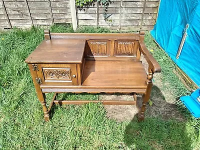 Vintage Old Charm Wood Brothers / Stunning Oak Linen Fold Telephone Table /1970s • £200