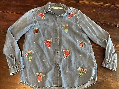 Vtg Victoria Jones Angel Embroidered Denim Shirt Size Small • $14