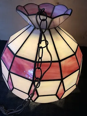 Vintage Tiffany Style Lamp Ceiling Light Stained Glass Mid-century Pink White. • $40