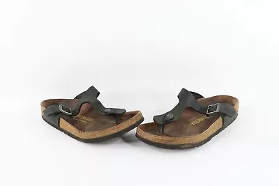 Vintage Birkenstock Womens 7 Distressed Leather Buckle Toe Thong Sandals Black • $40.45