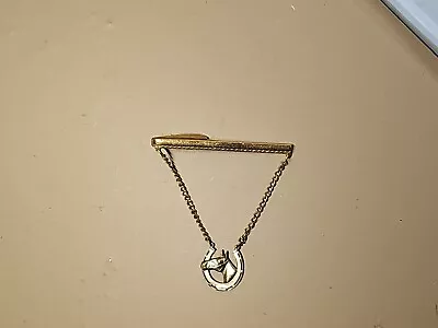 Vintage Tie Bar Clip With Chain/Pin Lucky Horseshoe HORSE Gold Tone HICKOK USA • $12.99