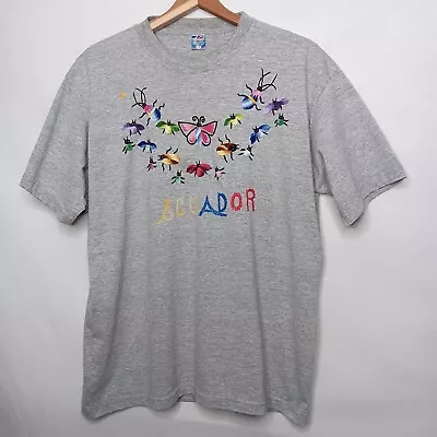 Ecuador T Shirt L Embroidered Butterfly Insect Short Sleeve Nature READ Work  • $12.73