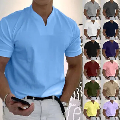 Mens Grandad Shirts Henley V Neck Tops Short Sleeve Tee T-Shirt Casual Blouse • £9.79