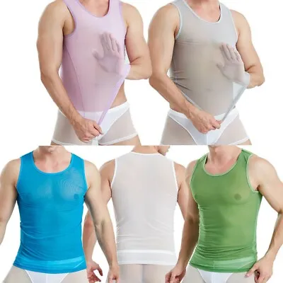 Men's Sheer Shirt Gym Tank Tops Sport Muscle String Vest In Elastic Mesh • £10.85