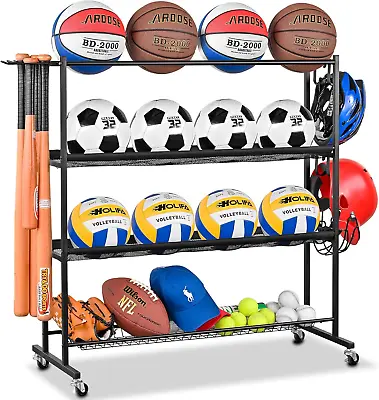 Basketball Rack Ball Storage With Baseball Bat Holder Rolling Ball Rack With R • $85.99