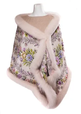 White Silk Stole Shawl W/ Multi-color Flower Print Trimmed W/ Real Fox Fur • $1000