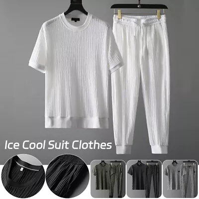 2pcs/set Men Summer Ice Silk Quick Dry Tracksuit Tops Pants T Shirt+Trousers • $28.76