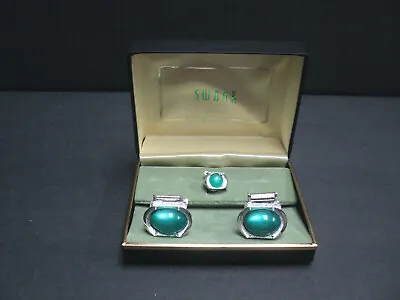 $23.76 • Buy Vintage Swank Cuff Link And Tie Tac Set Silvertone With Aqua Teal Stones