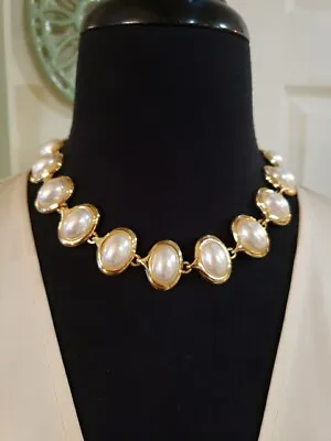Gold SIMULATED OVAL MABE PEARL Necklace 18  Long 1  Wide Toggle Clasp • $26.36