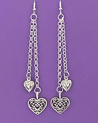 £4.49 • Buy Handmade  Double Drop Silver  Chain Long Gothic Earrings With Silver Hearts