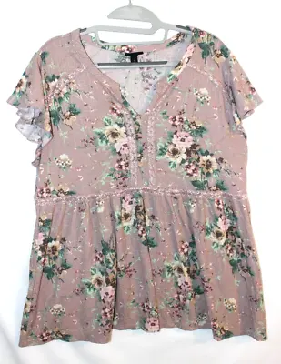 Torrid Womens 1X Pink Peasant Top Fit And Flare Floral Shirt Short Sleeve Used • $12.59
