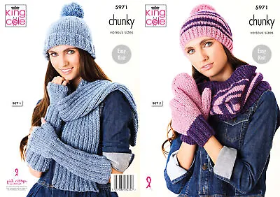 King Cole Ladies Chunky Knitting Pattern Easy Knit Mittens Scarf Cowl & Hat 5971 • £4.99