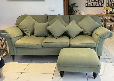 Large Laura Ashley 3 Seater Sofa Mortimer Green Immaculate - Matching Footstool • £99