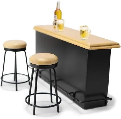 Dollhouse Miniature Furniture Wooden Bar Counter Table Pub With 2 Stools 1:12 • $16.66