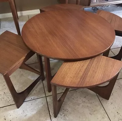 Stunning Sculpted Mid Century Teak Round Nesting Table With Chairs • $3200