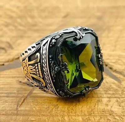 Mens Sterling Silver Ring Green Peridot Zircon Stone Ring 925K Mens Jewelry • $48