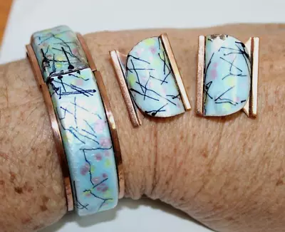 P ~ Matisse Renoir Copper & Blue Enamel Clip Earrings & Bangle Bracelet Set • $99.99