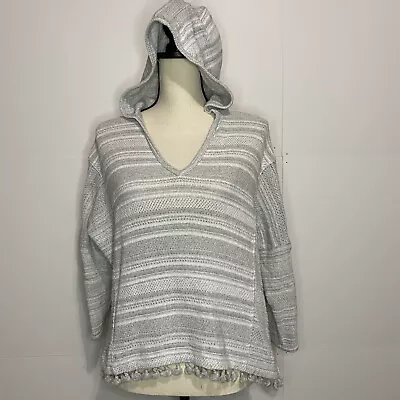 Madewell Hooded Sweater Gray Striped XS Extra Small Pom Pom Pullover • $17.27