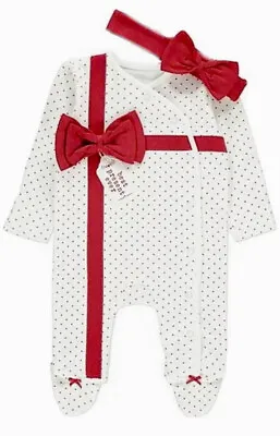 £6.95 • Buy Baby Girls Christmas Sleepsuit Ex GE@RGE Set Headband Outfit Red Gift  Bow NEW