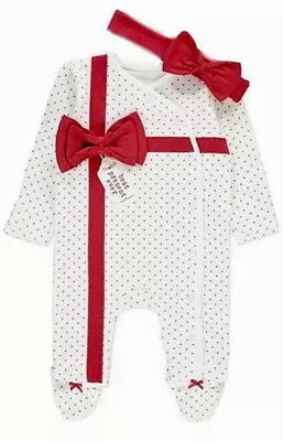 Baby Girls Christmas Sleepsuit Ex GE@RGE Set Headband Outfit Red Gift  Bow NEW • £6.95