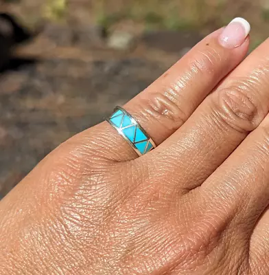 Zuni Ring Sterling Silver Turquoise Inlay Native American Jewelry Sz 5.5US • $60