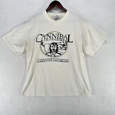 Vintage Cannibal Outdoors Shirt Mens Large White Lake City Colorado Crew Neck • $12.60