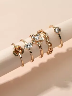 5 Pcs Textured Rhinestone Pearl Decor Gold Plated Leaf Flower Stackable Ring Set • $2.98