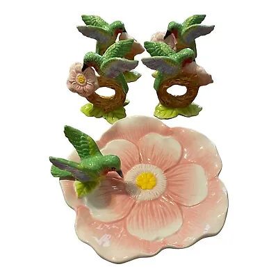 J Wilfred Andrea By Sadek Hummingbird  Lot 4 Napkin Rings & Pink Floral Plate • $21.24