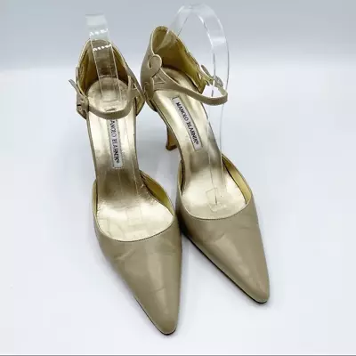 Manolo Blahnik Gold Ankle Strap Heels • $99