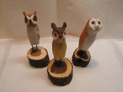 Vintage Carved Wooden Hand-Painted 3 Piece Owl Set On MESQUITE HANDMADE BASES! • $29.99