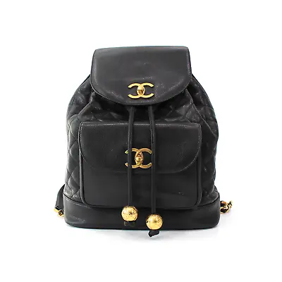 Chanel Black Caviar Quilted Leather Gold Ball Logo Charm Backpack Large CC Bag • $5020