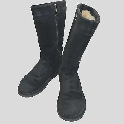 UGG Cargo III Womens 8 Mid-Calf Boots Black Suede Side Pocket Full Zip Shearling • $32.87