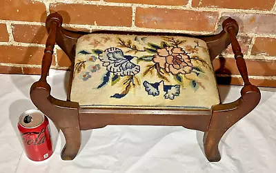 Antique Footstool Victorian Era Handmade Needlepoint Upholstered Ottoman Hassock • $103.99