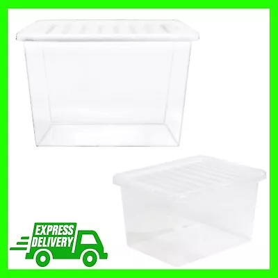 80 Litre Extra Large Clear Plastic Transparent Home Storage Boxes With Lids • £19.69