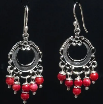 Frida Kahlo Design Taxco Mexican Silver Red Coral Bead Earrings Mexico • $42.49