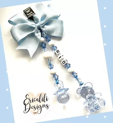 Personalised Pram Charm Clip Dummy Teddy Blue White Boy Baby Shower Memory Gift • £7.95