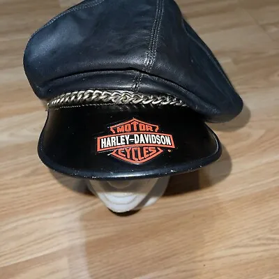 Harley Davidson Leather Newsboy Cabbie Cap Hat With Chain Made In USA • $59.99