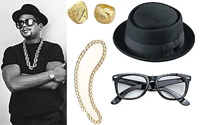 New Fancy Dress Costume Run DMC 80's Rap Group Hat Glasses Pimp Ring Gold Chain • £17.95