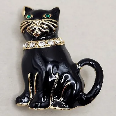 Vtg Monet Black Cat Brooch Collar Goldtone Green Rhinestone Eyes Enamel LapelPin • $14.49